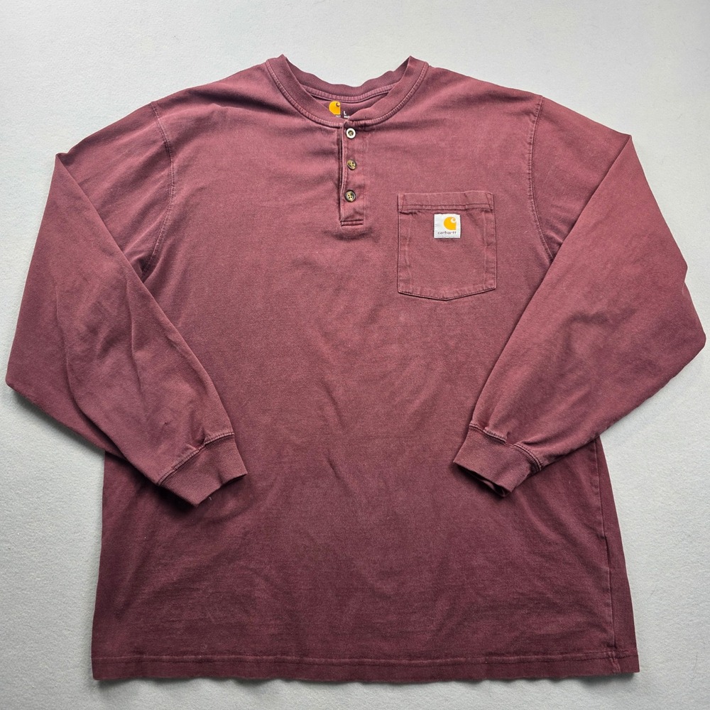 Carhartt Mens Henley Long‎ Sleeve Shirt Large Burgundy Original Fit Workwear